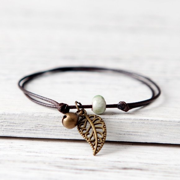 Ceramic Bead Charm Leaf Bracelet BOHO Bolo - Picture 2 of 6